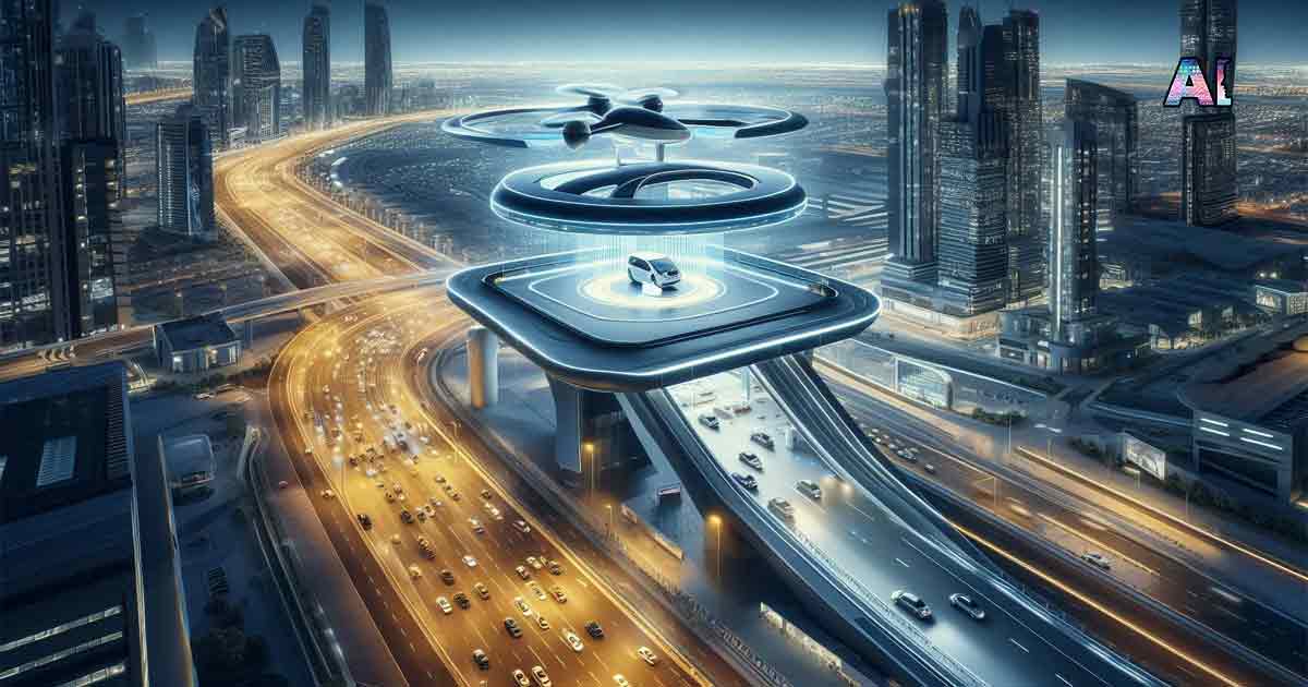 A futuristic aerial taxi vertiport in Dubai, with a sleek and modern design