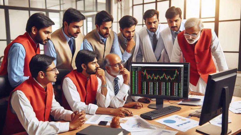 A group of Indian stock brokers are gathered around a computer screen