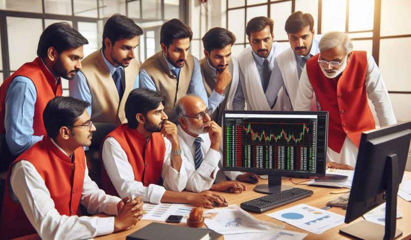 A group of Indian stock brokers are gathered around a computer screen