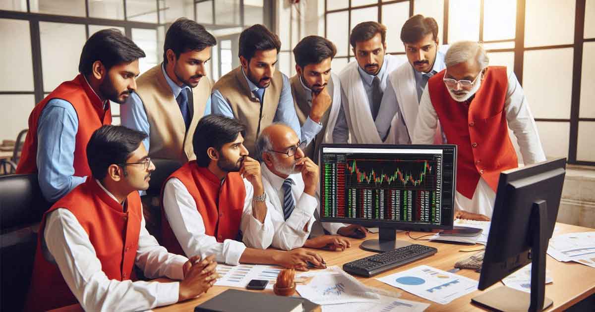 A group of Indian stock brokers are gathered around a computer screen