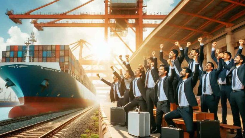 A group of businessmen are cheering and celebrating at the Kolkata port and railway station