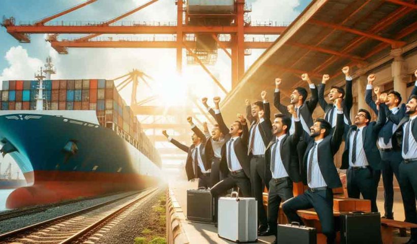 A group of businessmen are cheering and celebrating at the Kolkata port and railway station