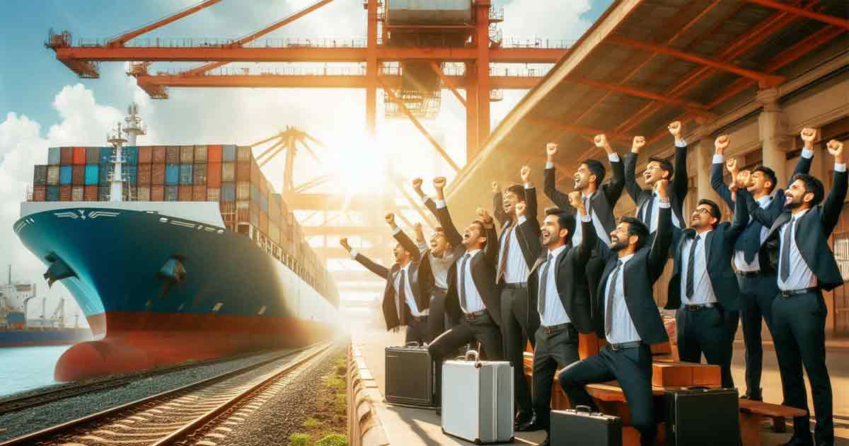 A group of businessmen are cheering and celebrating at the Kolkata port and railway station