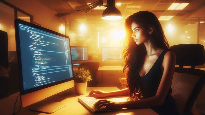 A hot lady software engineer is sitting in front of a computer in Kolkata