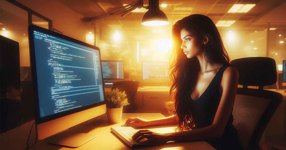 A hot lady software engineer is sitting in front of a computer in Kolkata