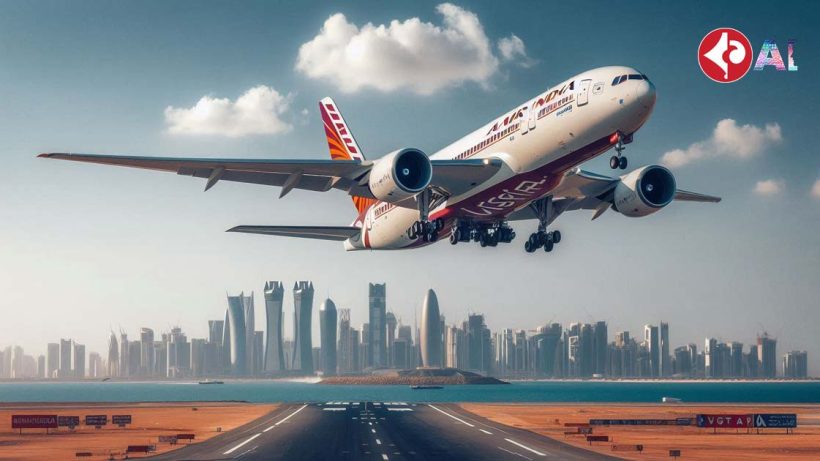 A large airplane with the Air India and Vistara logos on it is taking off from a runway in Doha