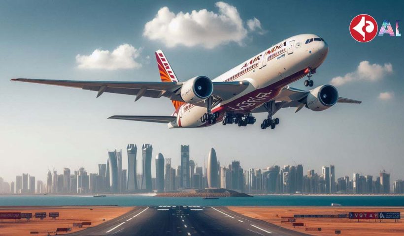 A large airplane with the Air India and Vistara logos on it is taking off from a runway in Doha