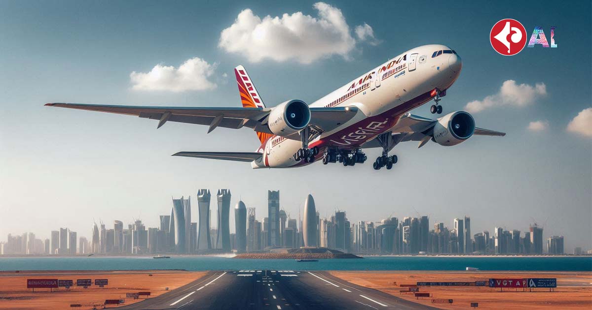 A large airplane with the Air India and Vistara logos on it is taking off from a runway in Doha