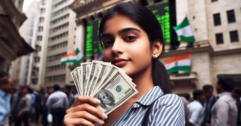 A young Indian woman stands in front of a bustling stock market