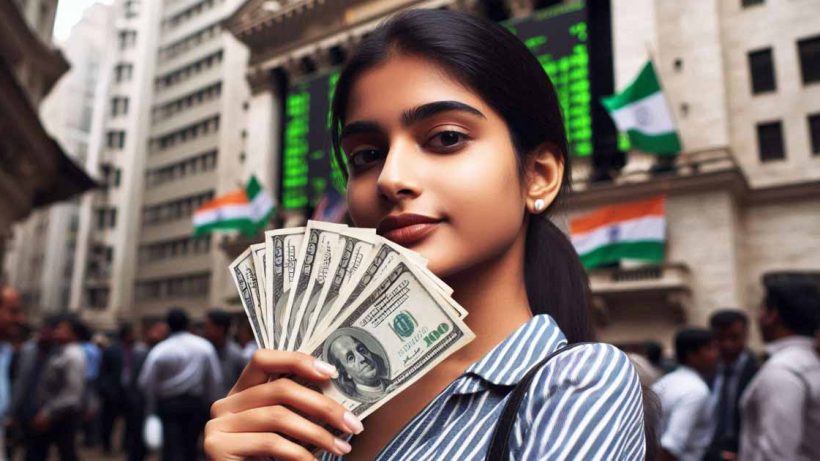 A young Indian woman stands in front of a bustling stock market