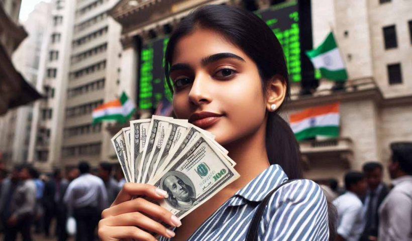 A young Indian woman stands in front of a bustling stock market