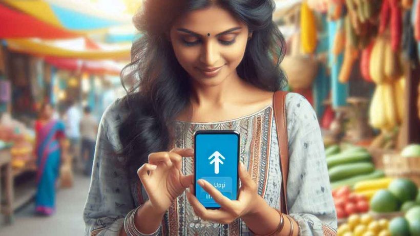 An Indian woman is using her smartphone to make a digital payment using the UPI system in India. The background is a bright and colorful marketplace