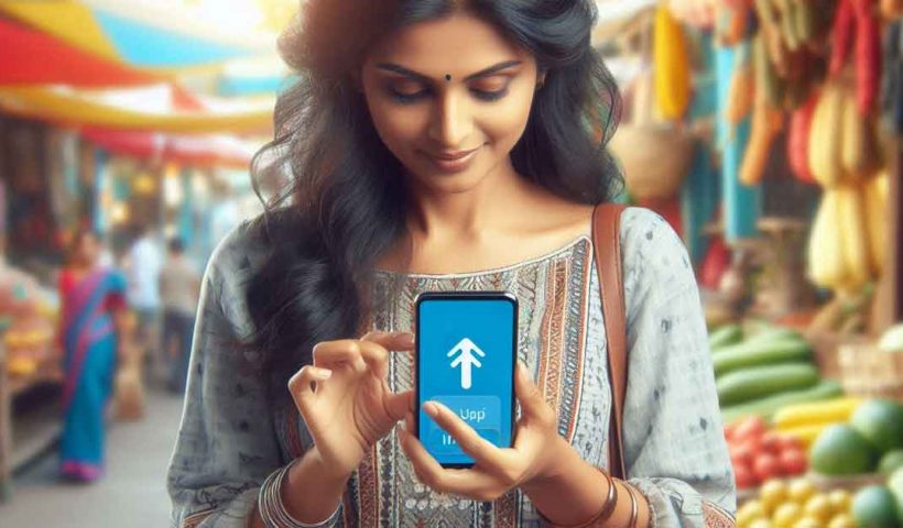 An Indian woman is using her smartphone to make a digital payment using the UPI system in India. The background is a bright and colorful marketplace