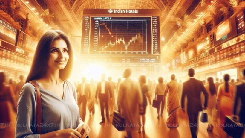 An Indian woman stands in front of a bustling stock market, with a large screen displaying the Indian Hotels Share Price