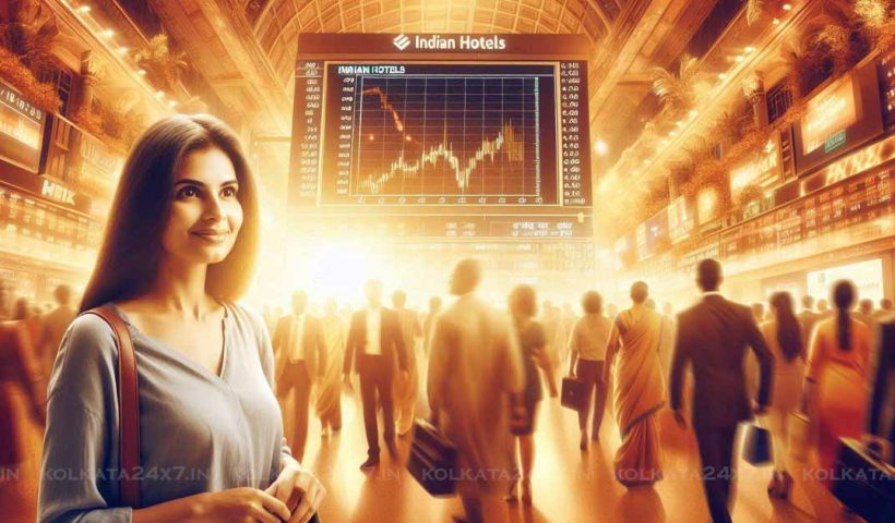 An Indian woman stands in front of a bustling stock market, with a large screen displaying the Indian Hotels Share Price