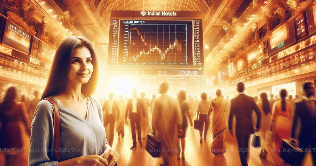 An Indian woman stands in front of a bustling stock market, with a large screen displaying the Indian Hotels Share Price