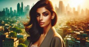 An Indian woman with a striking appearance stands in front of a backdrop of a bustling city