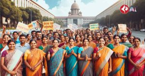 Anganwadi workers are standing outside a government building