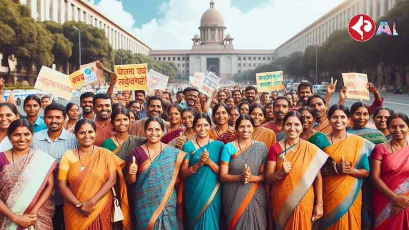 Anganwadi workers are standing outside a government building