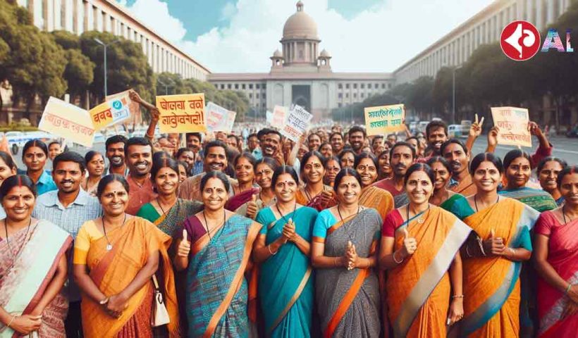 Anganwadi workers are standing outside a government building