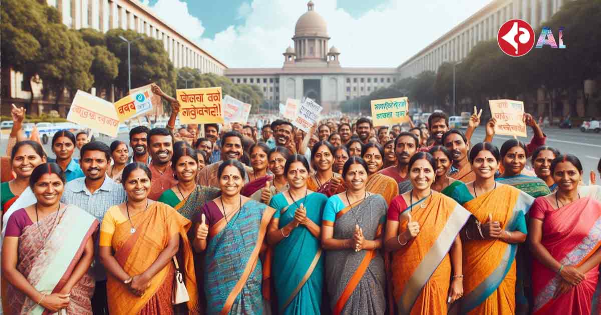 Anganwadi workers are standing outside a government building