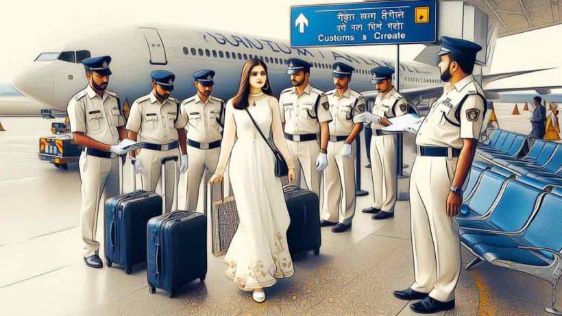 At the Mumbai airport, customs officers in white uniforms check passengers' luggage