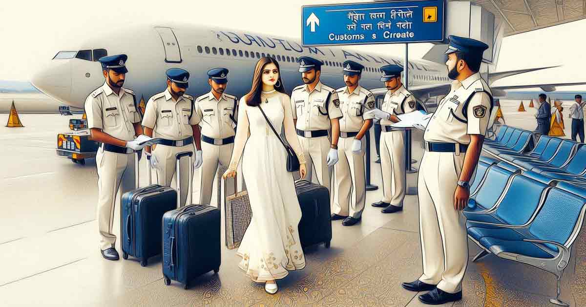 At the Mumbai airport, customs officers in white uniforms check passengers' luggage