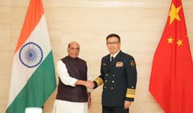 Indian Defence minister Rajnath Singh meating with Chinese DM Dong June in Laos, talk over LAC disengagement.