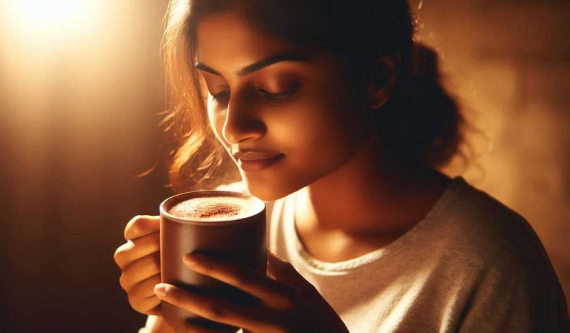 Indian woman in her 30s is drinking cocoa. The lighting is warm and cozy