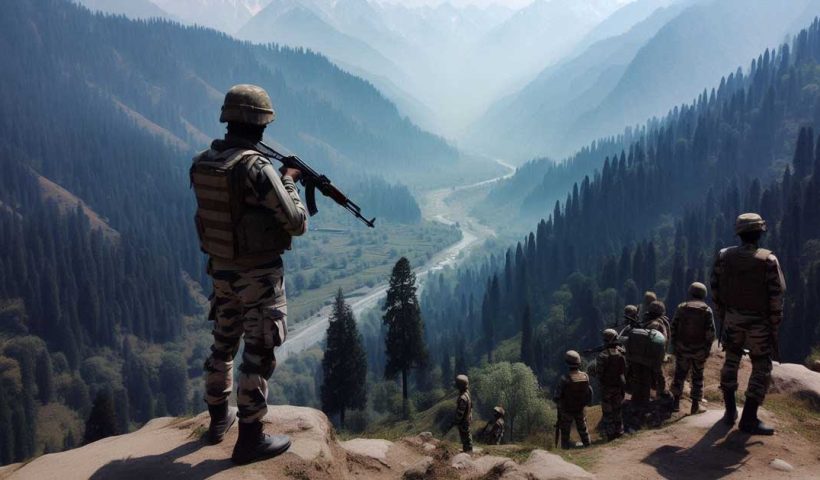 Jammu and Kashmir region of India Mountains and forests all around Indian Army soldiers stand guard