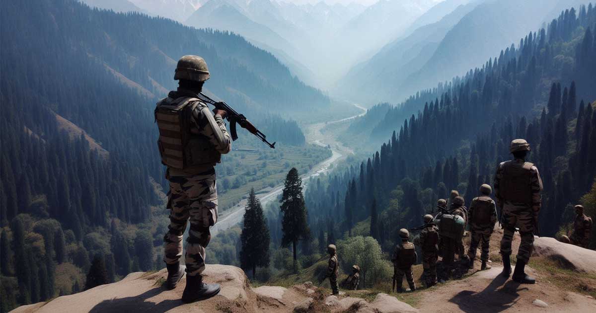 Jammu and Kashmir region of India Mountains and forests all around Indian Army soldiers stand guard