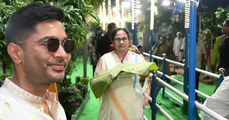 কালো চশমা পরা অভিষেকের আগমনে রঙিন হল মমতার কালীপুজো