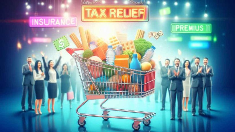 A brightly lit image of a shopping cart filled with essential goods, with a sign above it that reads 'Tax Relief' and a smaller sign that reads 'Insurance Premium'. The cart is surrounded by people who are happy and smiling. The GST Council is in the background, represented by a group of people in suits who are also smiling. The overall mood of the image is one of relief and happiness.