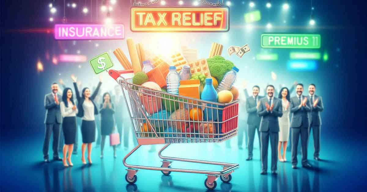 A brightly lit image of a shopping cart filled with essential goods, with a sign above it that reads 'Tax Relief' and a smaller sign that reads 'Insurance Premium'. The cart is surrounded by people who are happy and smiling. The GST Council is in the background, represented by a group of people in suits who are also smiling. The overall mood of the image is one of relief and happiness.