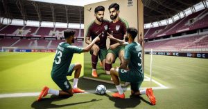 Two Indian footballers, wearing green maroon jerseys, practicing on the football field before a match