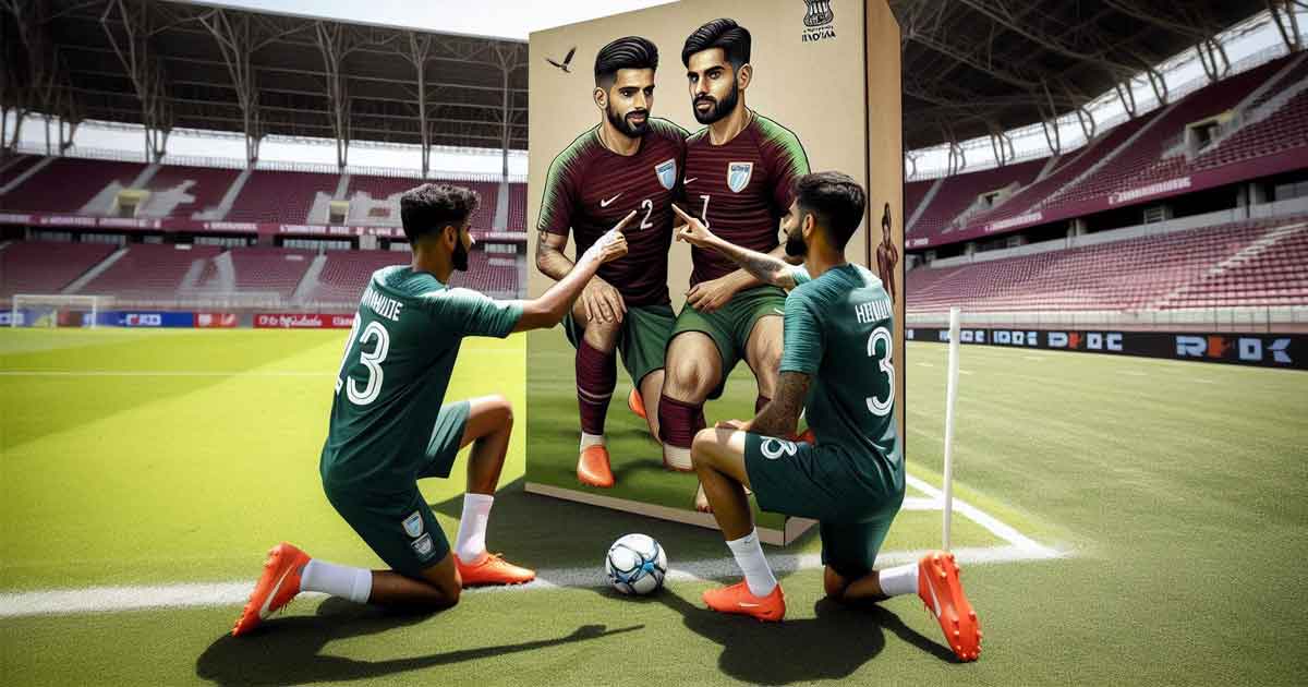 Two Indian footballers, wearing green maroon jerseys, practicing on the football field before a match