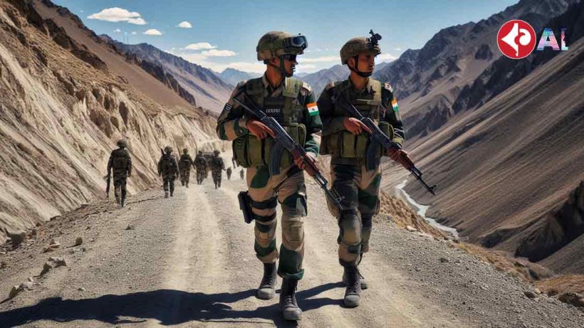 Two soldiers, one from India and one from China, are patrolling the border in Ladakh's Demchok and Depsang