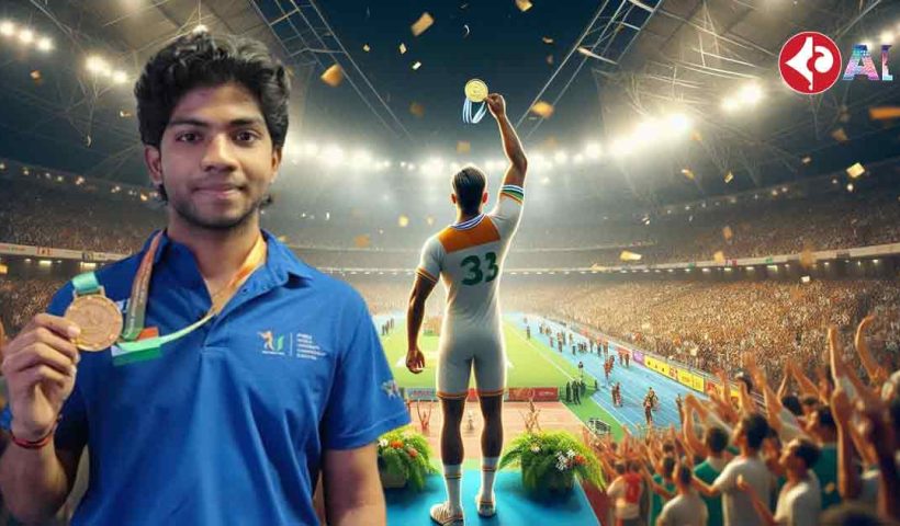 Uma Mahesh stands on the podium, holding a gold medal in his hand