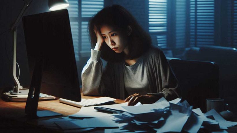 A person working from home is sitting at their desk, looking stressed and overwhelmed. The lighting is dim and the color scheme is muted, with a lot of grays and blues. The person is surrounded by papers and their computer screen is filled with emails. The image conveys a sense of anxiety and stress.