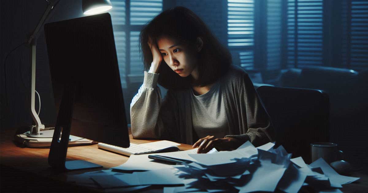 A person working from home is sitting at their desk, looking stressed and overwhelmed. The lighting is dim and the color scheme is muted, with a lot of grays and blues. The person is surrounded by papers and their computer screen is filled with emails. The image conveys a sense of anxiety and stress.