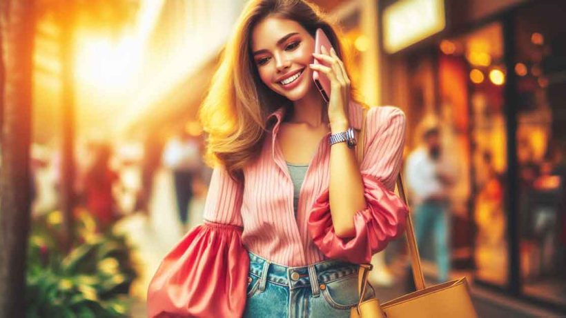 beautiful young woman in modern clothes is talking on a mobile phone