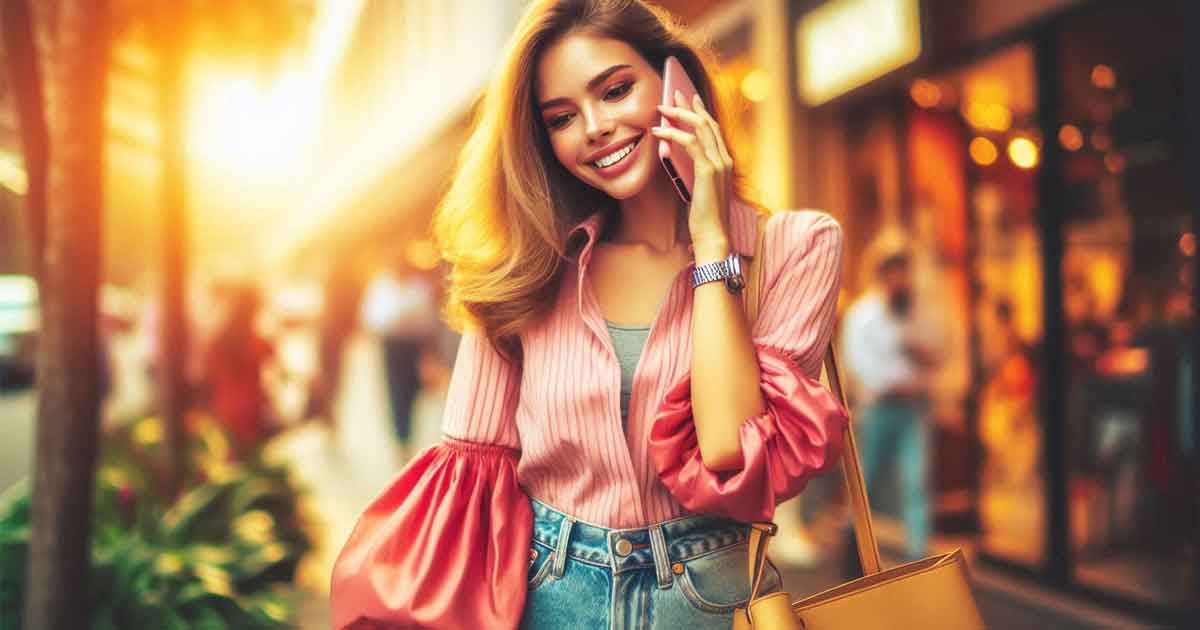 beautiful young woman in modern clothes is talking on a mobile phone