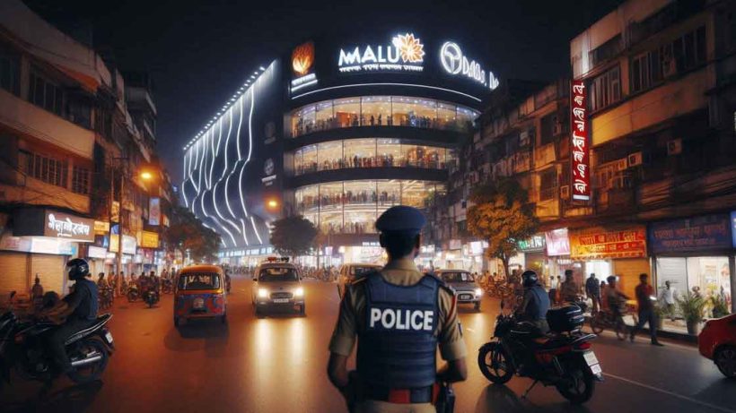 busy street in Kolkata with a shopping mall in the background