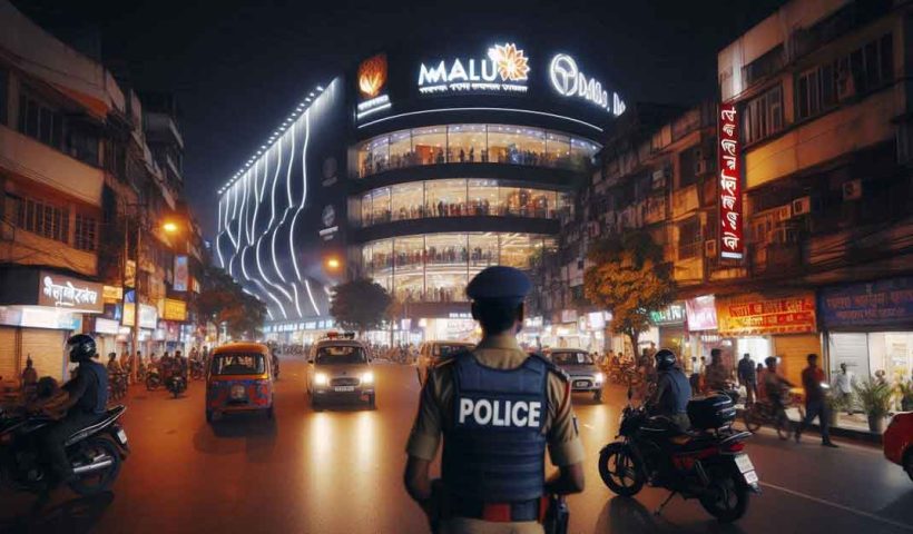 busy street in Kolkata with a shopping mall in the background