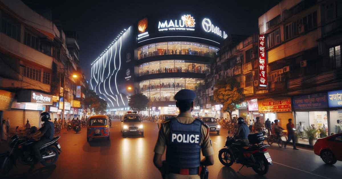 busy street in Kolkata with a shopping mall in the background