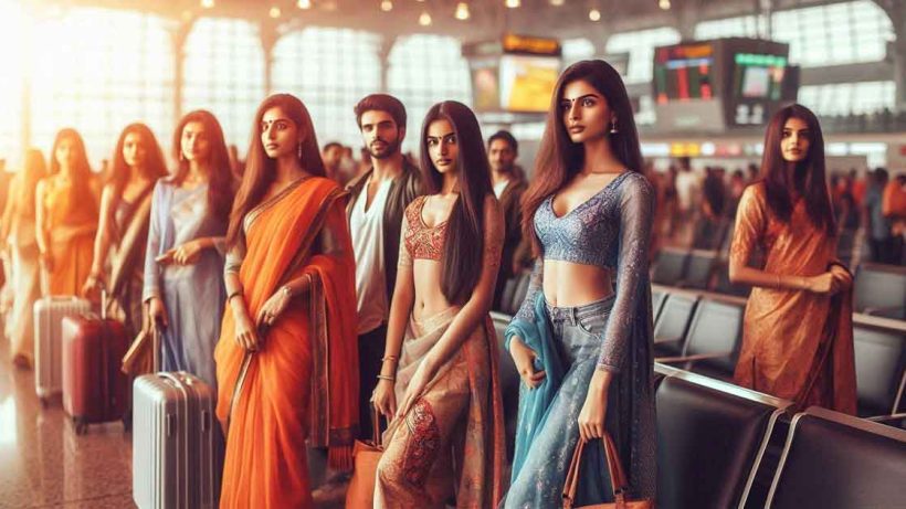 group of Indian man women, hot and young, are standing in an airport terminal