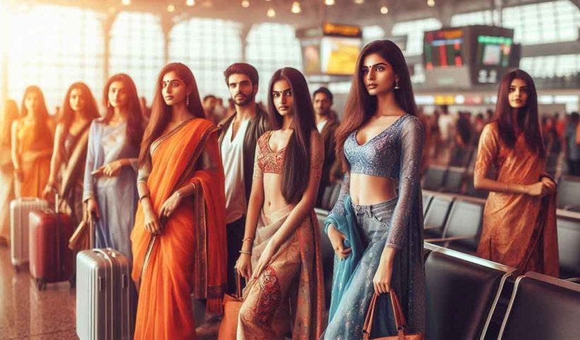 group of Indian man women, hot and young, are standing in an airport terminal