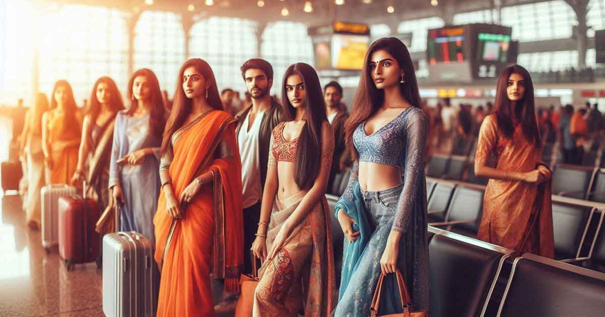 group of Indian man women, hot and young, are standing in an airport terminal