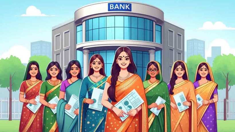 group of Indian women are standing in front of a bank