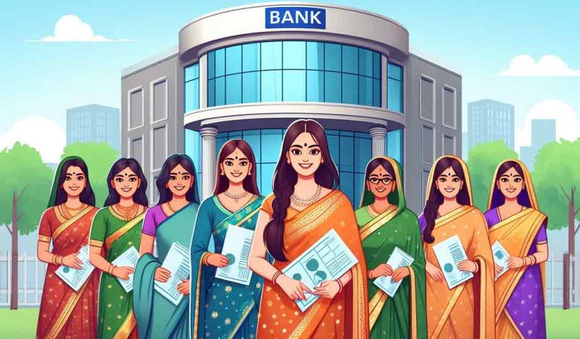 group of Indian women are standing in front of a bank